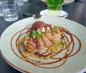 Coffee mousse dessert with chocolate ice cream at DeDAKKAS in Haarlem