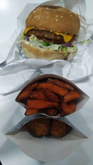 Not chicken burger, sweet potato fries and cheese balls at Mother Burger - Amoreiras in Lisbon
