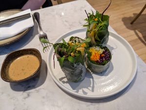 Vietnamese-style green rolls with peanut sauce at Holy Carrot in London