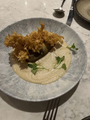 Smokey Aubergine & crispy mushroom  at Holy Carrot in London