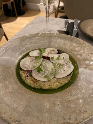 Parsnip root risotto  at Holy Carrot in London