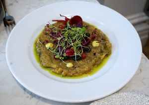 SMOKED AUBERGINE CARPACCIO at Holy Carrot in London