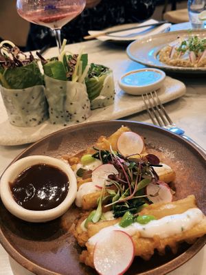 calamari in the from, vietnamese style green roll  at Holy Carrot in London