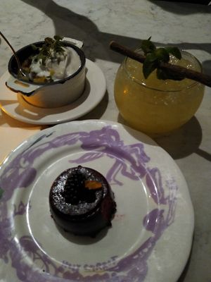 Bramley apple pie, blackberry mousse at Holy Carrot in London