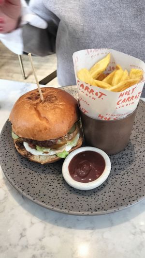 Burger and chippies at Holy Carrot in London