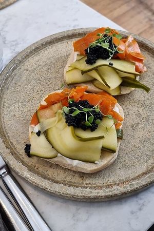 ‘Smoked salmon’ bagel with seaweed caviar at Holy Carrot in London