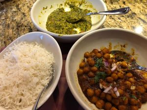 Vegan Daal Saag, Vegan Panjabi Chana Masala, and Basmati Rice at Le Indya in Naples