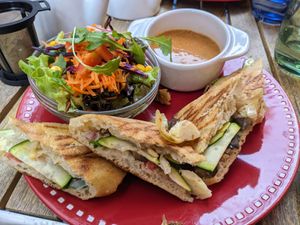 Vegan panini with side salad and small soup at Il Cafetino in Millau