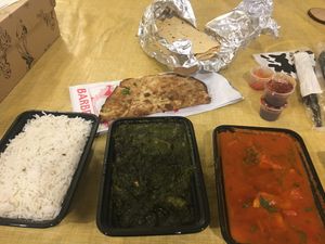 Garlic roti, papadum, alu saag, tofu tikka masala at Manhattan Valley in New York City