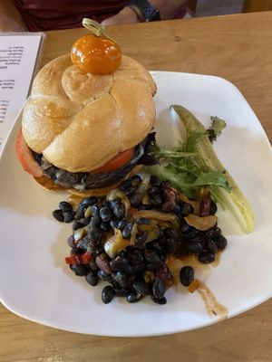 Magic mushroom sandwich without bacon. Side of bean salad at Rocking V Cafe in Kanab
