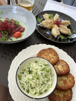 Potato pancakes, pink noodles and pierogi’s  at Niezapominajka in Hajnowka