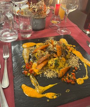 Vegan pumpkin seed gnocchi with caramelized vegetables, organic mushrooms, 2 kinds of root vegetable sauce and peanuts  at Haider in Pollau