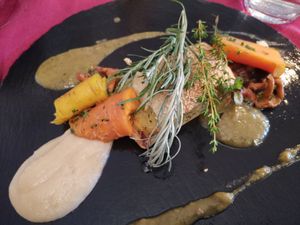 Potatoepie with baked carrots and different sauces at Haider in Pollau