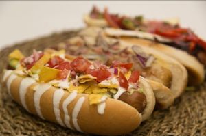 Vegan Hot Dog, you can choose your toppings: tomato, red onion, vegan cheese, etc. at Hanley's Cornish Pasties in Dublin