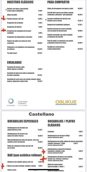 Vegan options from the menu (cat, es, en) marked in red at Xiringuito Oblikue in Vilassar De Mar