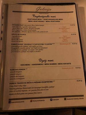 Menu at Galerija in Sibenik