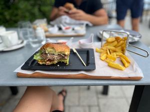 Vegan burger with fries at Oliva Grill in Rab