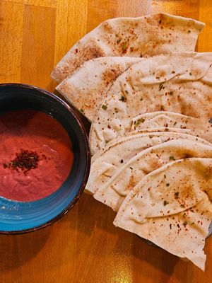 Arabic bread with beetroot hummus at Vital Meals in Dusseldorf