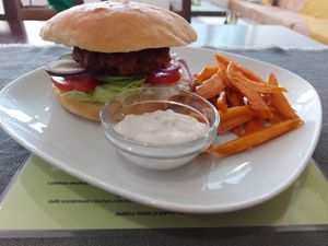 Homemade burger with sweet potato fries at Mantra in Prievidza