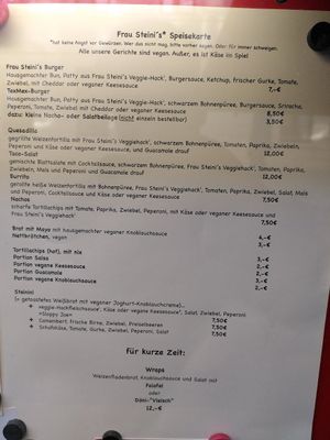 Menu at Steini's T-Bar in Dusseldorf