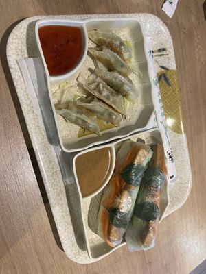 Vegetable gyoza with sweet chilli sauce and veggie summer rolls with peanut sauce  at Pho Ever - Donauplex in Vienna