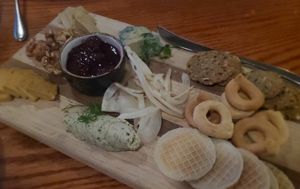 House vegan cheese wood plank (excuse the dim lighting) at The Cellar in Corning