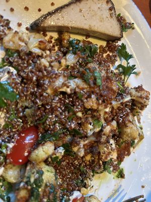 Cauliflower entree with a piece of the smoked tofu on the side   at The Cellar in Corning