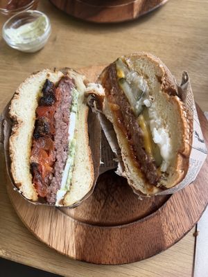 Two different burgers   at Les Tontons Veg in Paris