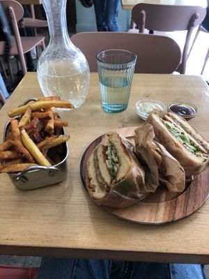 Tontonkatsu burger with fries  at Les Tontons Veg in Paris