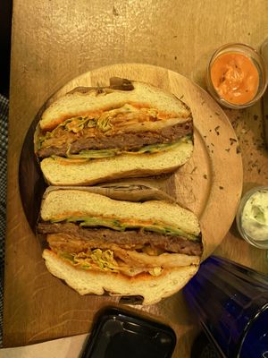 Kimchi burger with Beyond Steak patty  at Les Tontons Veg in Paris