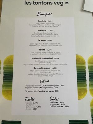 Menu  at Les Tontons Veg in Paris