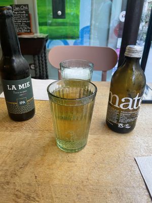 IPA beer and a Maté charitea drink  at Les Tontons Veg in Paris