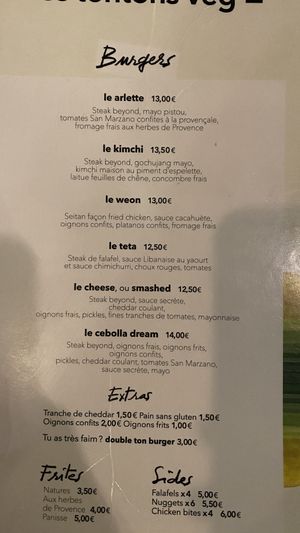 Menue  at Les Tontons Veg in Paris