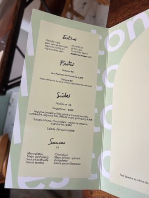 Menu at Les Tontons Veg in Paris