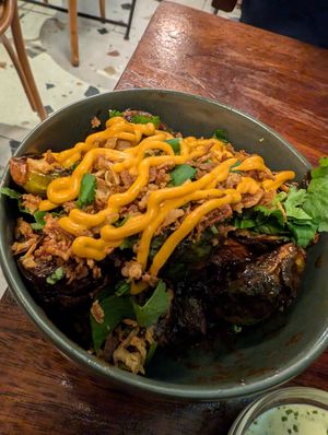 Brussels Sprouts with cheese and onions at Les Tontons Veg in Paris