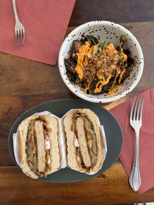 Weon burger and Brussels sprouts side dish  at Les Tontons Veg in Paris