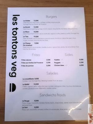 menu at Les Tontons Veg in Paris