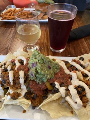 Vegan nachos with elderberry cider  at Raven Cafe in Prescott