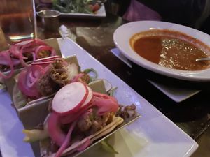 Cauliflower taco (needs sauce!) and bowl of soup (yummy)  at Raven Cafe in Prescott