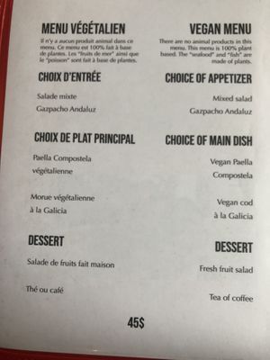 Menu at Casa Galicia in Montreal