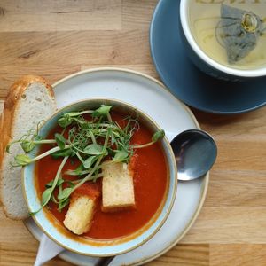 Vegan soup with bread at Saltwater Cafe Bar in Scarborough