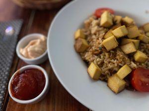 Basmati rice and tofu at Avotu Ezītis miglā in Riga