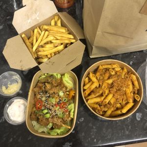 Skin on fries, Bang bang skewers and Ragu alla bolognese    at Plantopia in St Albans