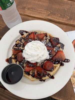 Vegan strawberry and chocolate waffle  at Donut Villa Diner in Malden