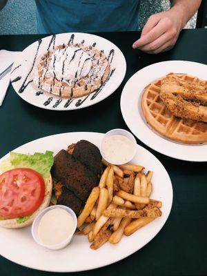 Vegan chicken bacon ranch, chicken and waffles, and a sweet waffle!  at Donut Villa Diner in Malden
