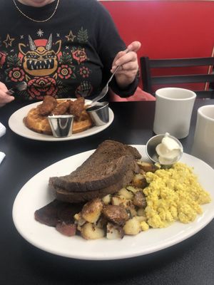 Tofu scramble & Chicken and Waffles  at Donut Villa Diner in Malden