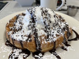 Almond Joy Waffle with coconut whipped cream ❤️ #Veganuary at Donut Villa Diner in Malden