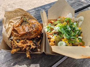 Plant burger and loaded fries at World Food Trip in Zweibruecken