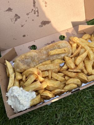 Vegan fish and chips with vegan tartar sauce!  at Hobson's Fish & Chips in London