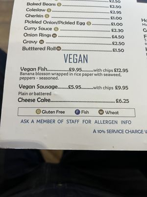 Menu for vegan options   at Hobson's Fish & Chips in London